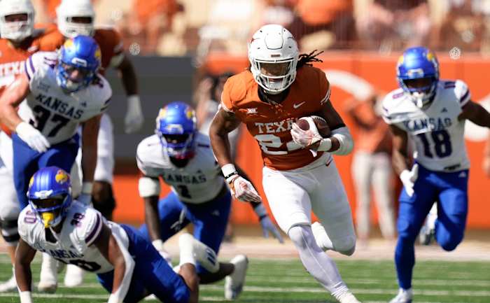 Texas Longhorns running back Jonathon Brooks makes a long run against the Kansas Jayhawks in the second quarter at Royal-Memorial Stadium on Saturday September 30, 2023